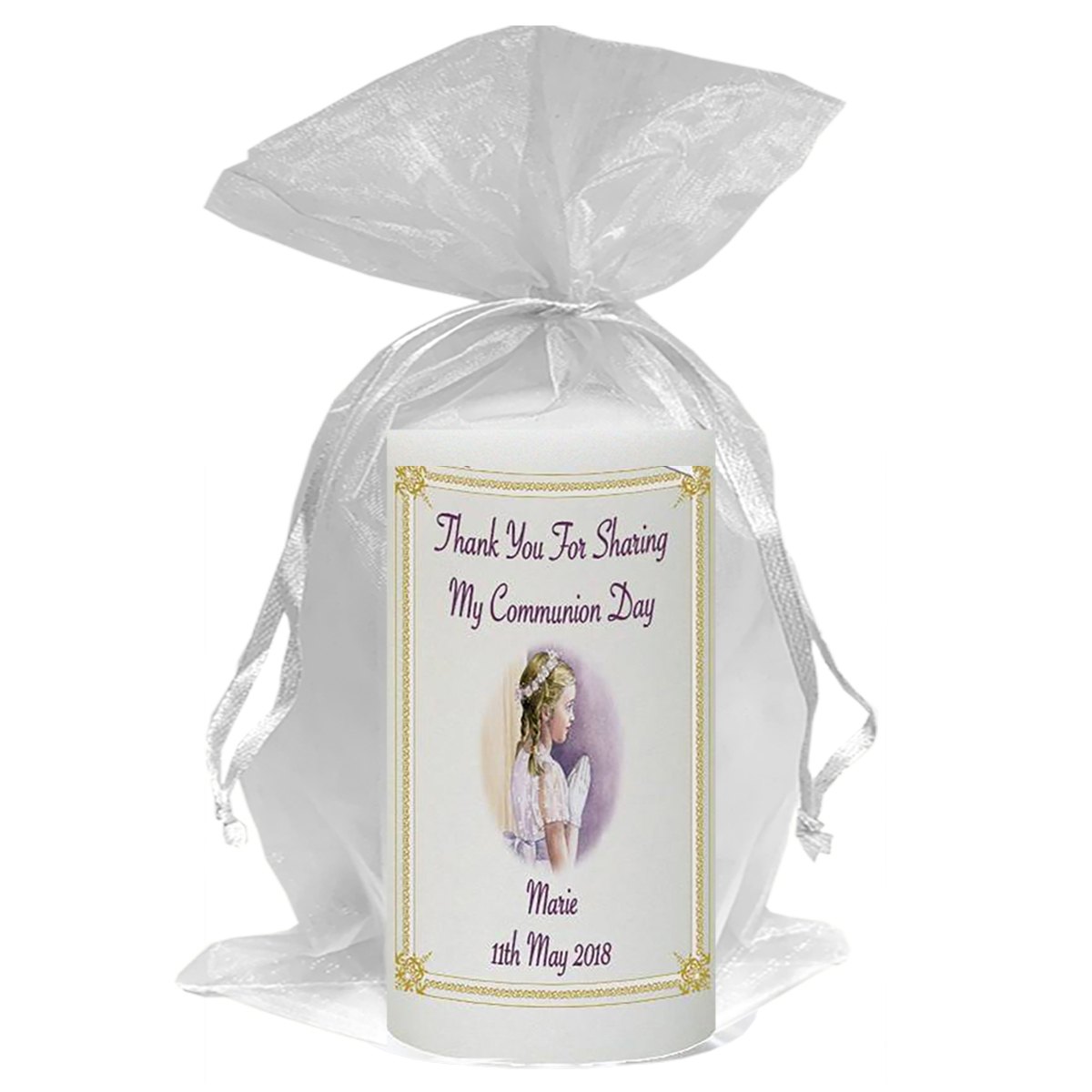 Customised 1st Holy Communion Candle Praying Girl & Prayer