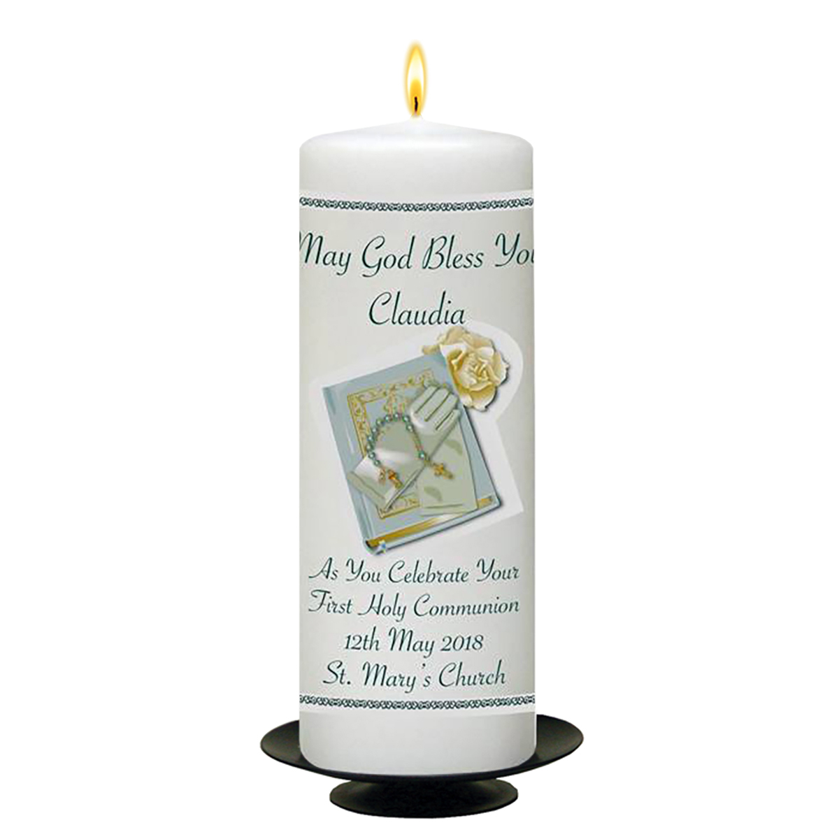 Customised 1st Holy Communion Candle - Bible & Gloves