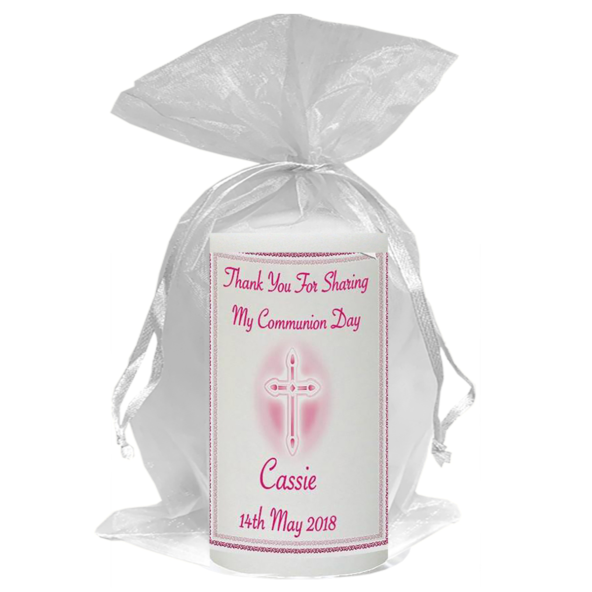 Customised 1st Holy Communion Candle - Cross & Reading Pink