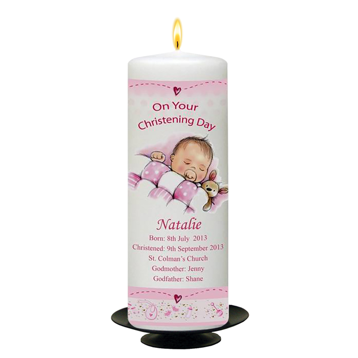Customised Girls Christening Candle - Teddy & Quilt Pink