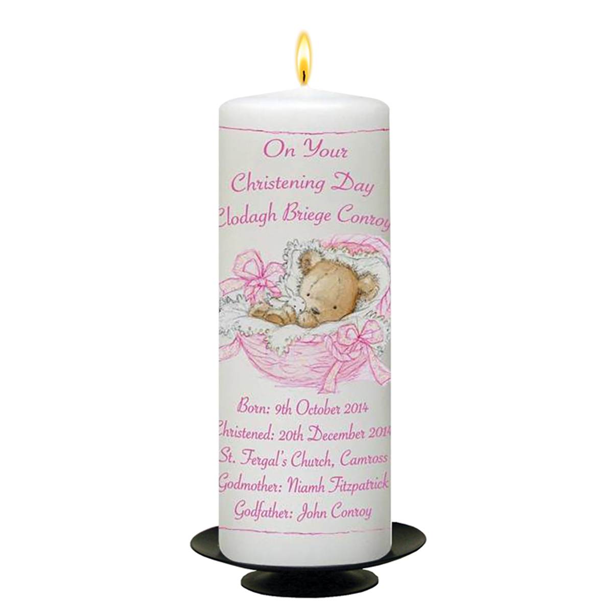 Customised Girls Christening Candle - Teddy in Basket Pink