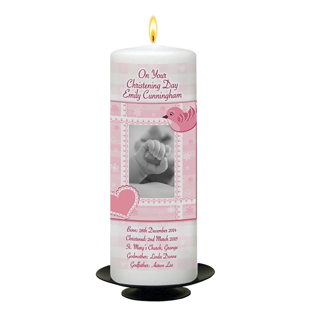 Customised Girls Christening Candle - Heart & Bird Pink