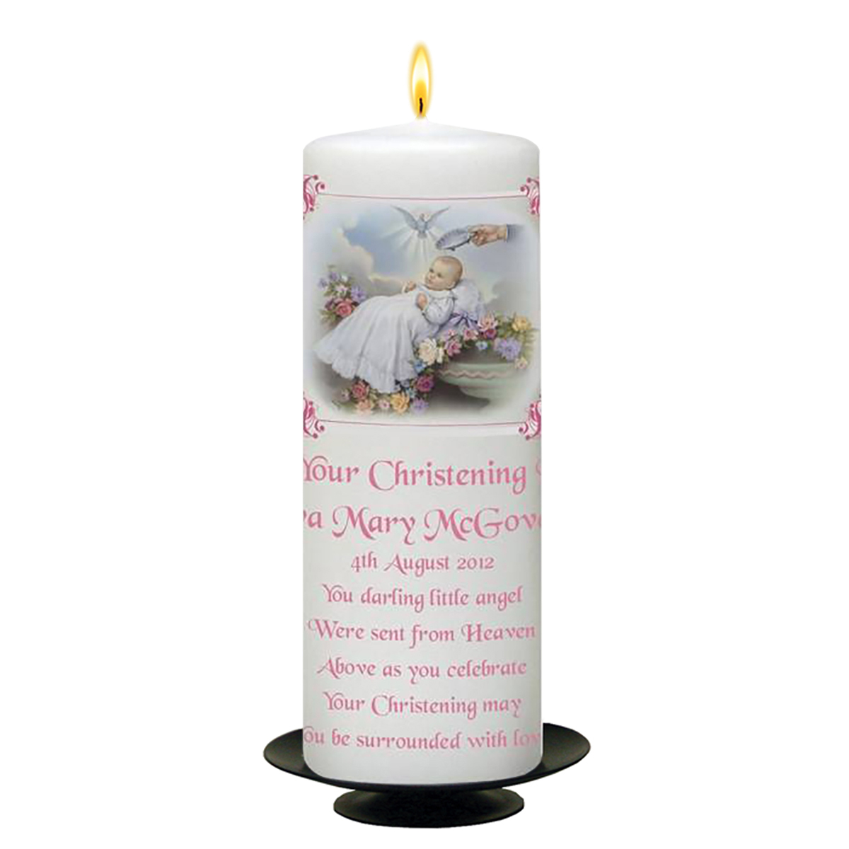 Customised Girls Christening Candle - Traditional Pink