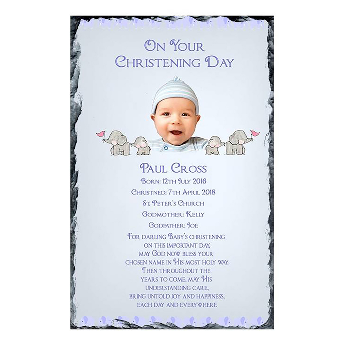Customised Boys Christening Candle - Elephant Family Boy with Photo