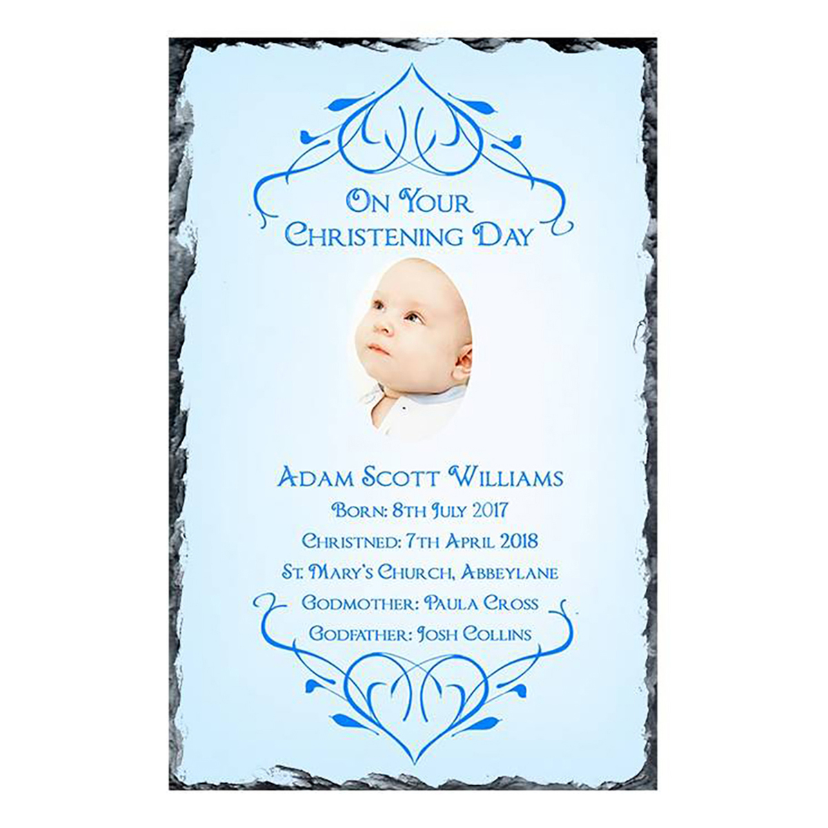 Customised Boys Christening Candle - Heart Blue Border with Photo