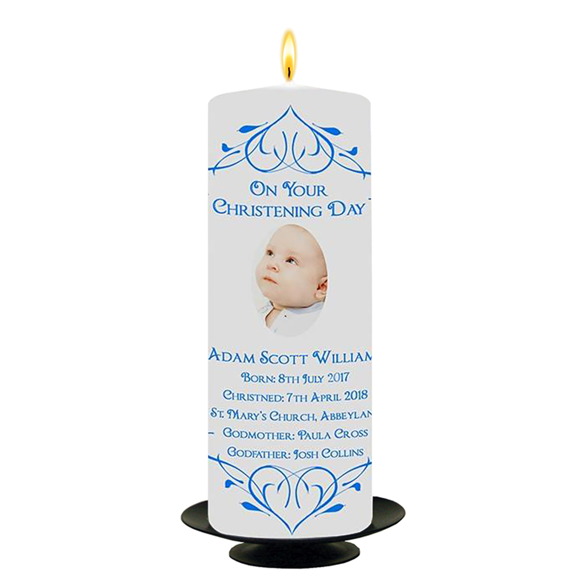 Customised Boys Christening Candle - Heart Blue Border with Photo