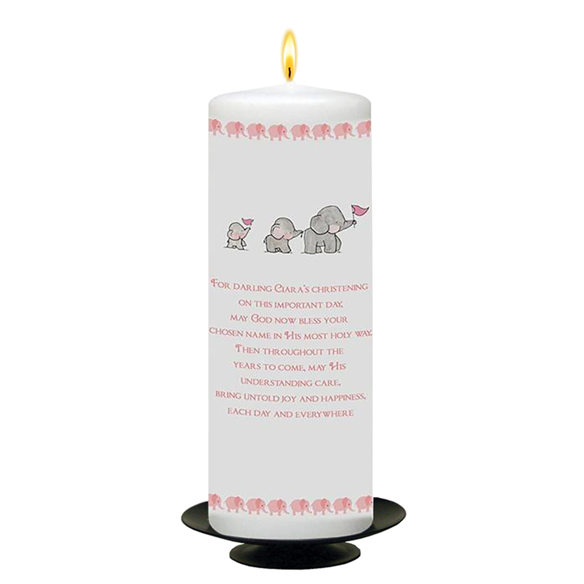 Customised Girls Christening Candle - Elephant Family Pink with Photo