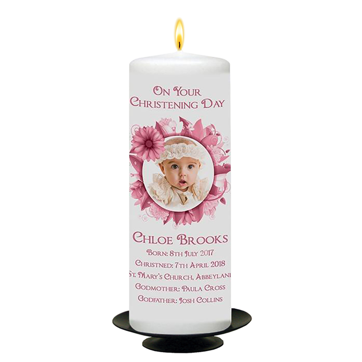 Customised Girls Christening Candle -Flower Pink Ring with Photo