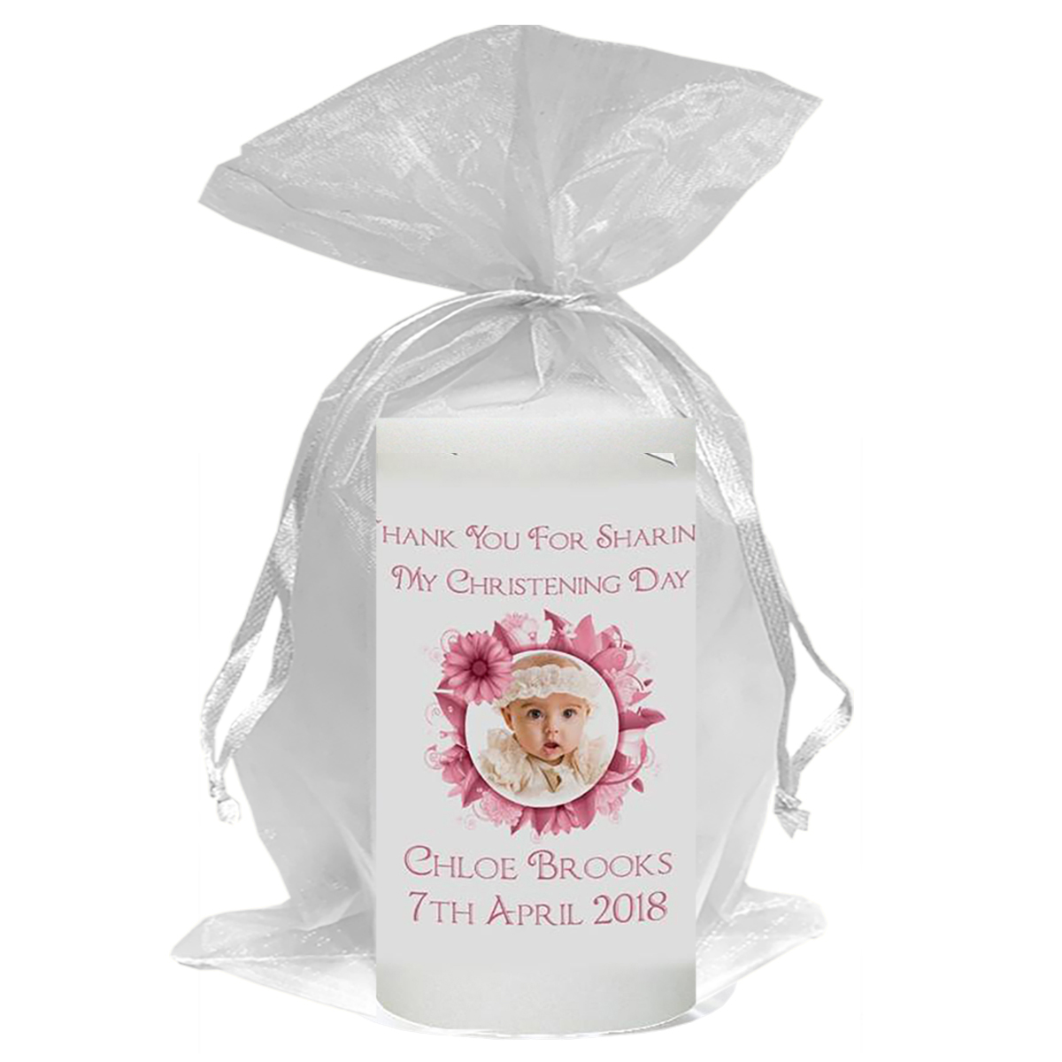 Customised Girls Christening Candle -Flower Pink Ring with Photo