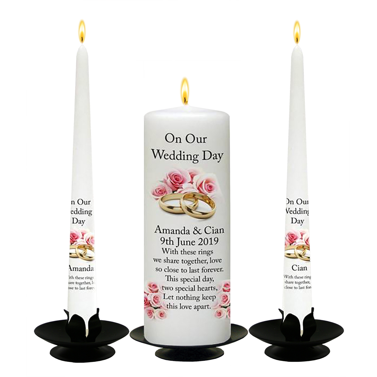 Customised Wedding Candles - Gold Rings & Pink Roses
