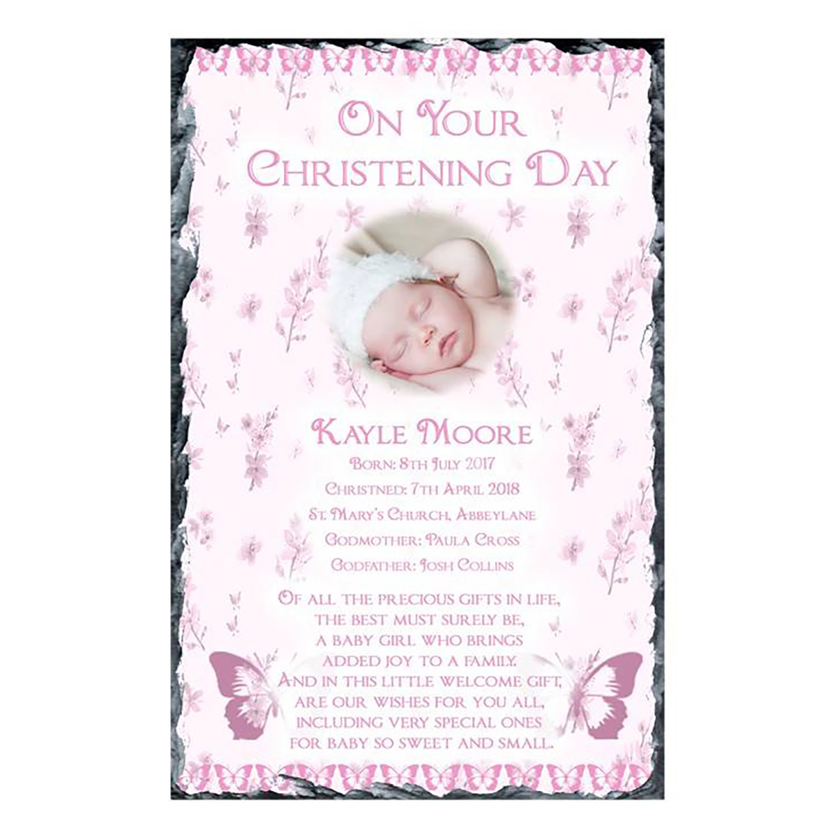 Customised Girls Christening Candle - Butterfly & Feather Pink with Photo
