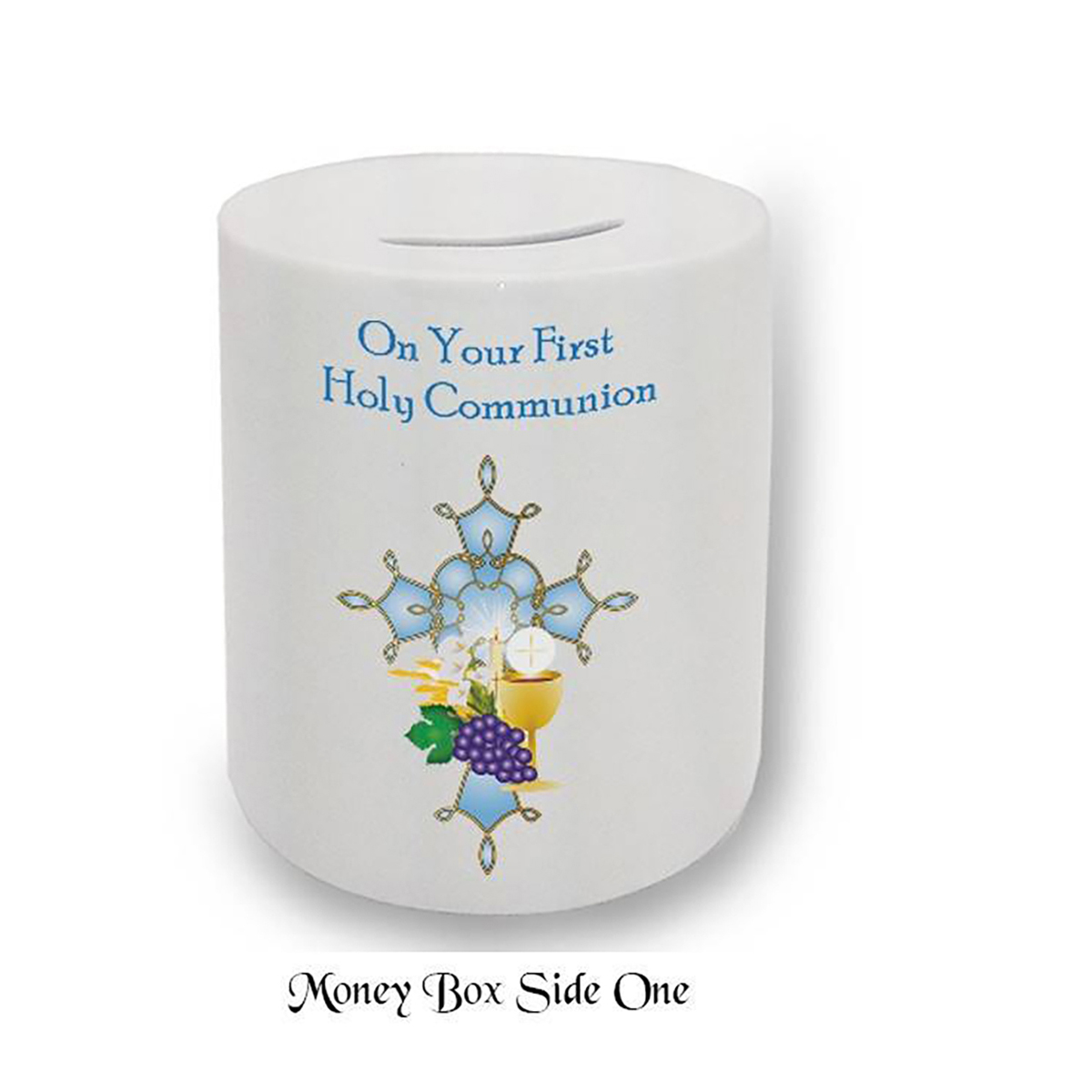 Customised Money Box Gift - 1st Holy Communion - Holy Cross & Chalice Blue