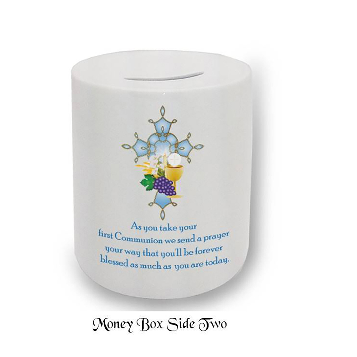 Customised Money Box Gift - 1st Holy Communion - Holy Cross & Chalice Blue