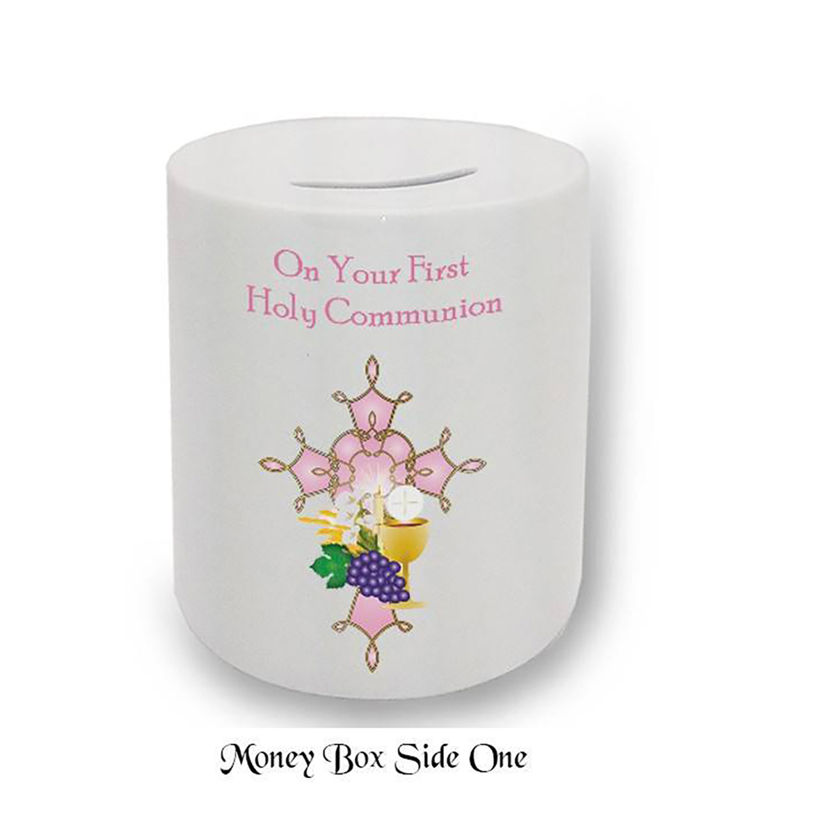 Customised Money Box Gift - 1st Holy Communion - Holy Cross & Chalice Pink