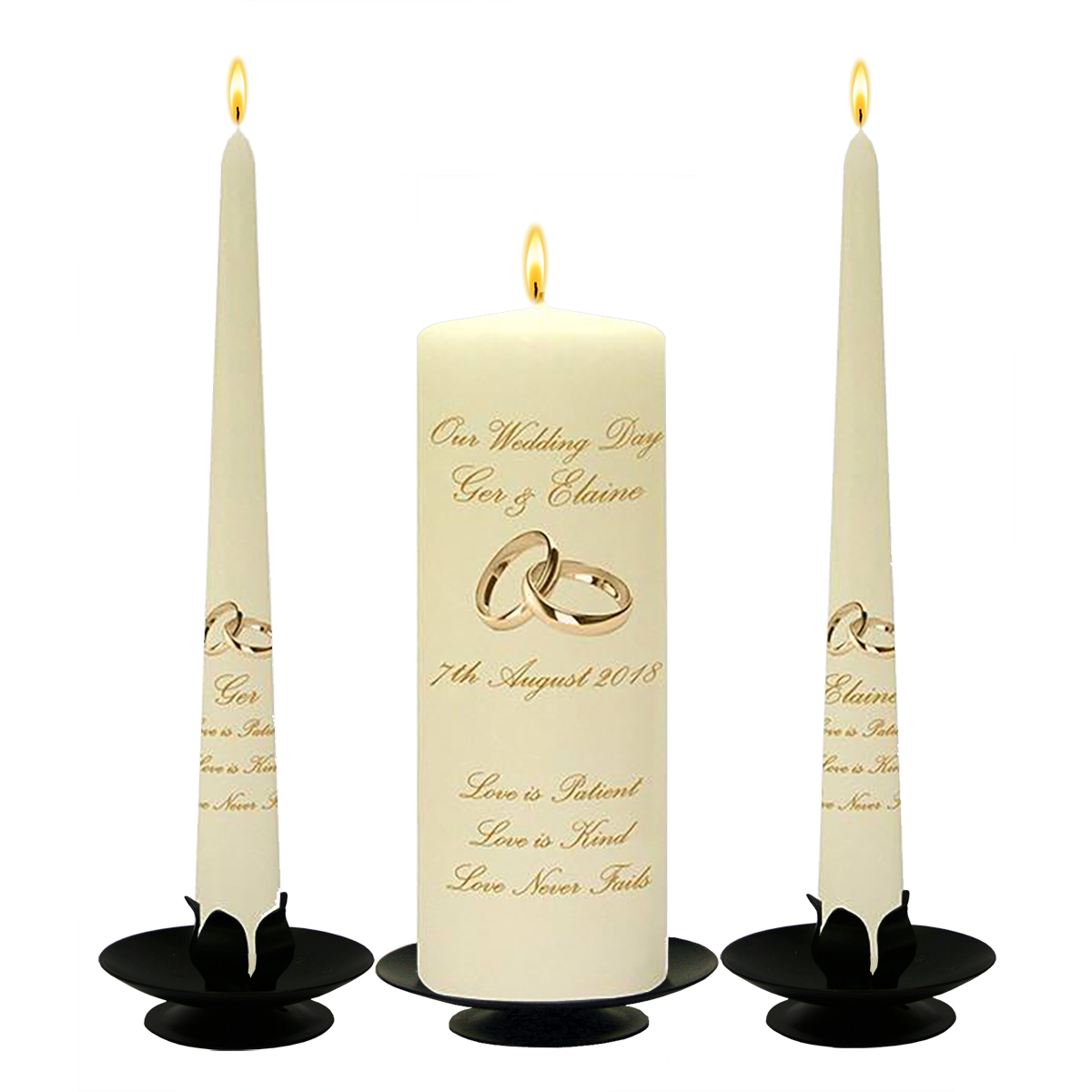 Customised Wedding Candles - Love is Patient Gold Rings