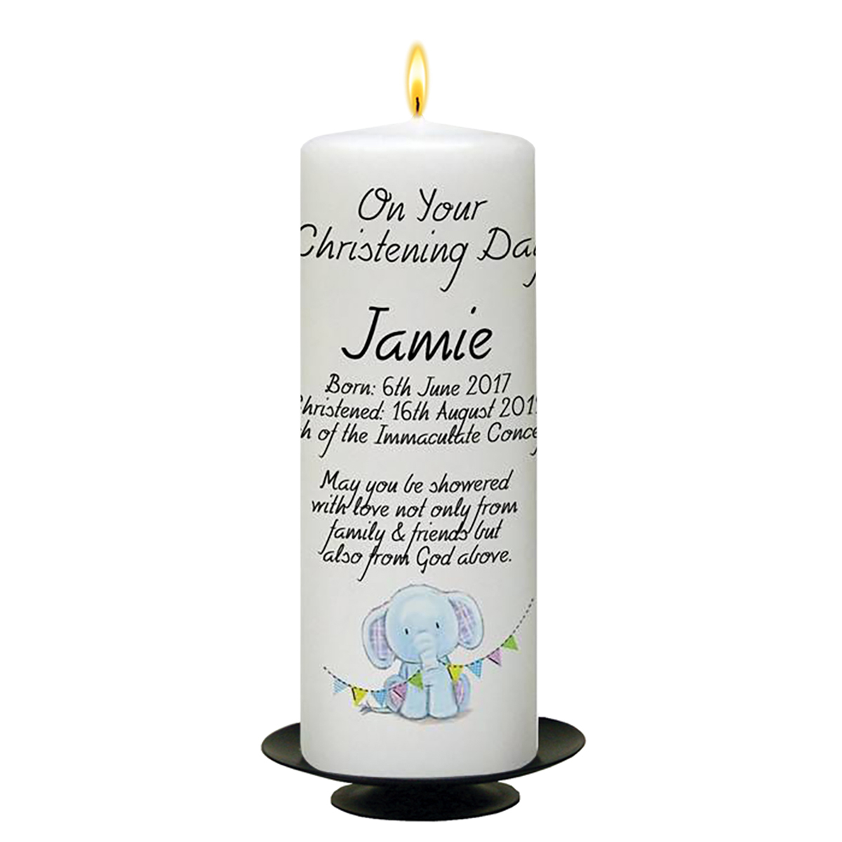 Peronsonalised Boys Christening Candle - Elephant Party Blue
