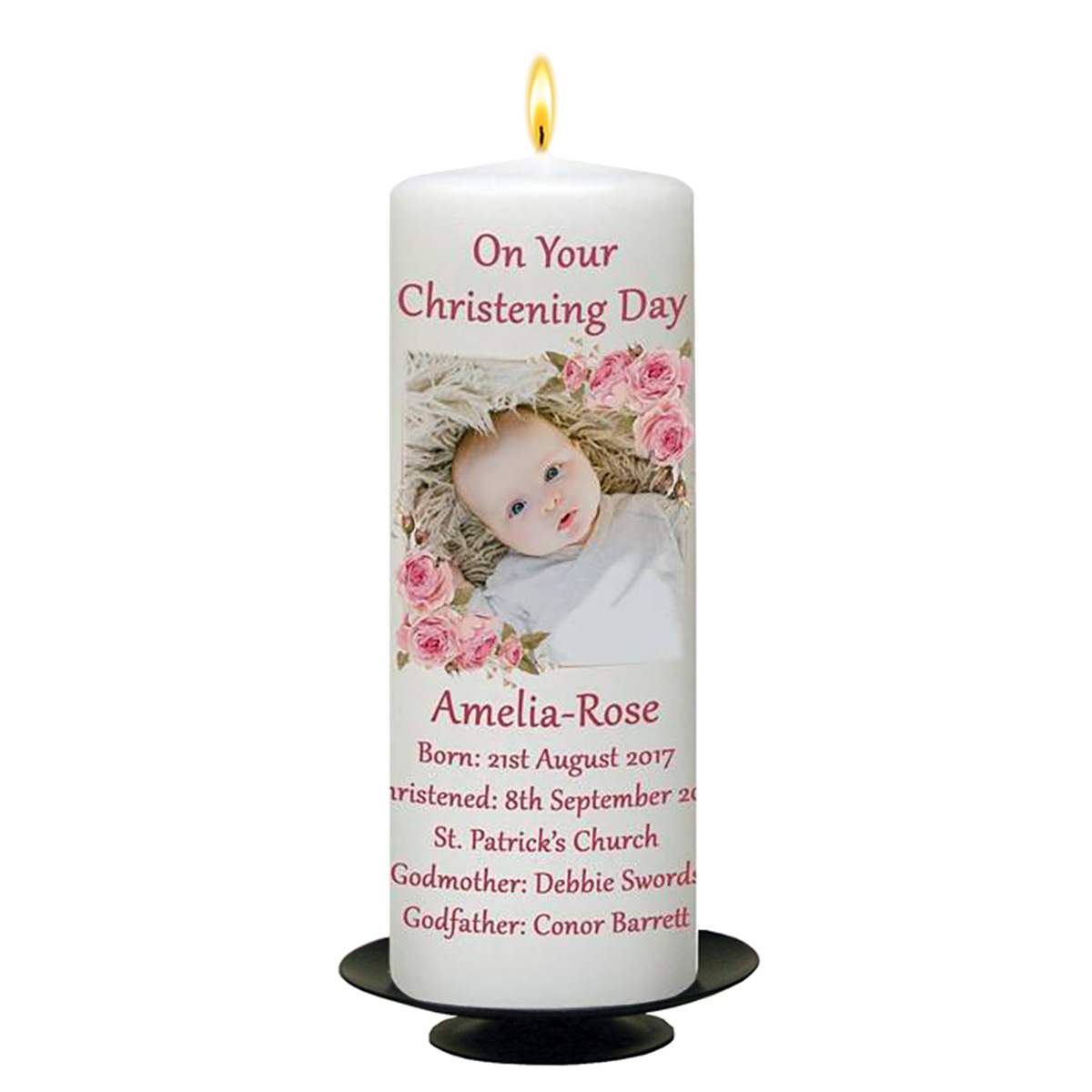 Customised Girls Christening Candle - A Pair of Pink Booties & Flower Border with Photo