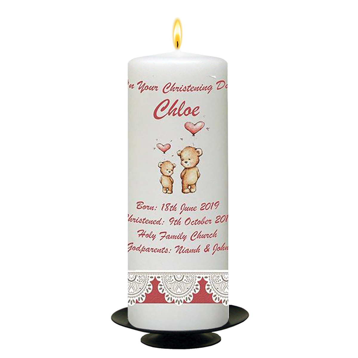 Customised Girls Christeing Candle - Love Heart Bears & Pink Lace