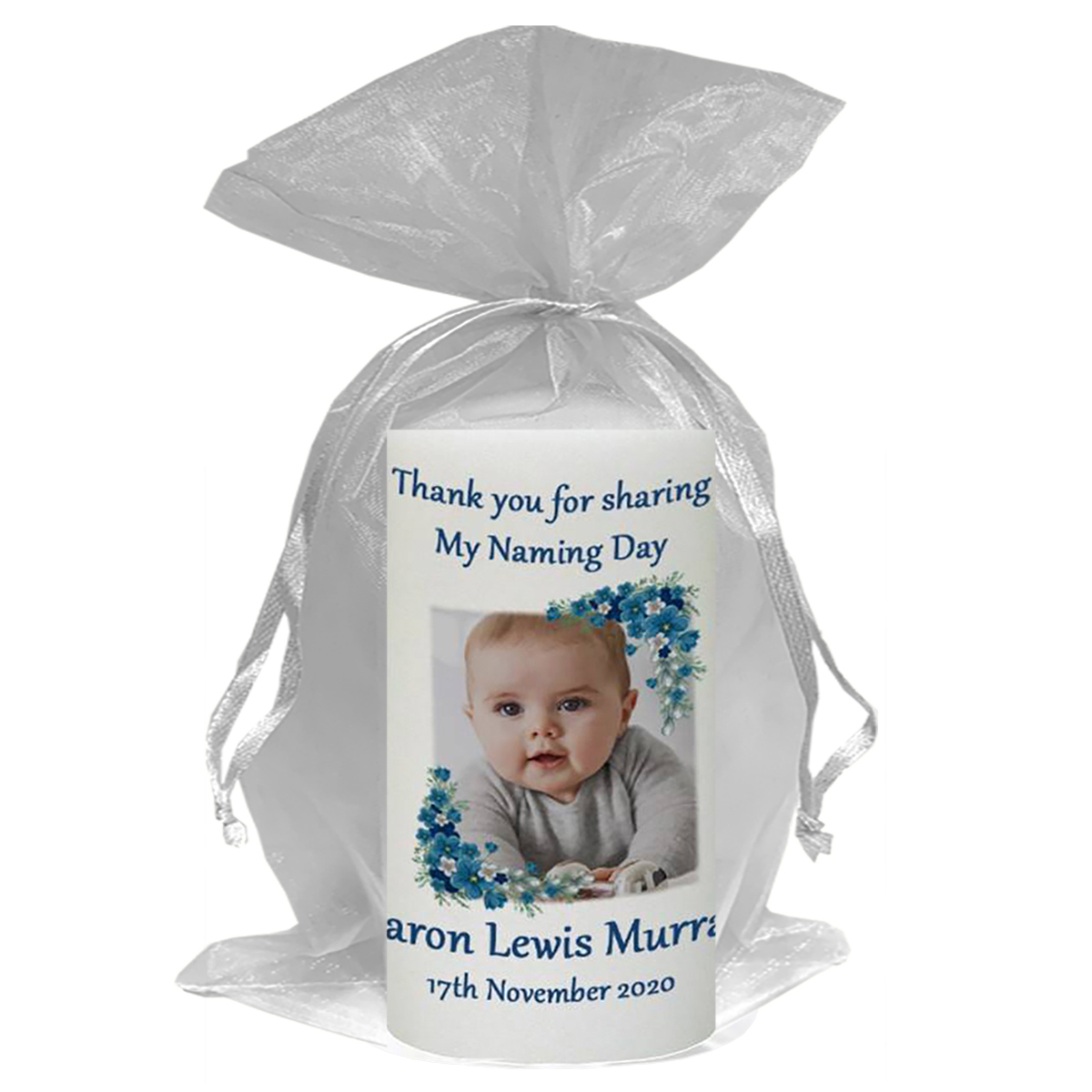 Customised Naming Day Candle Gift - A Pair of Booties Blue with Photo