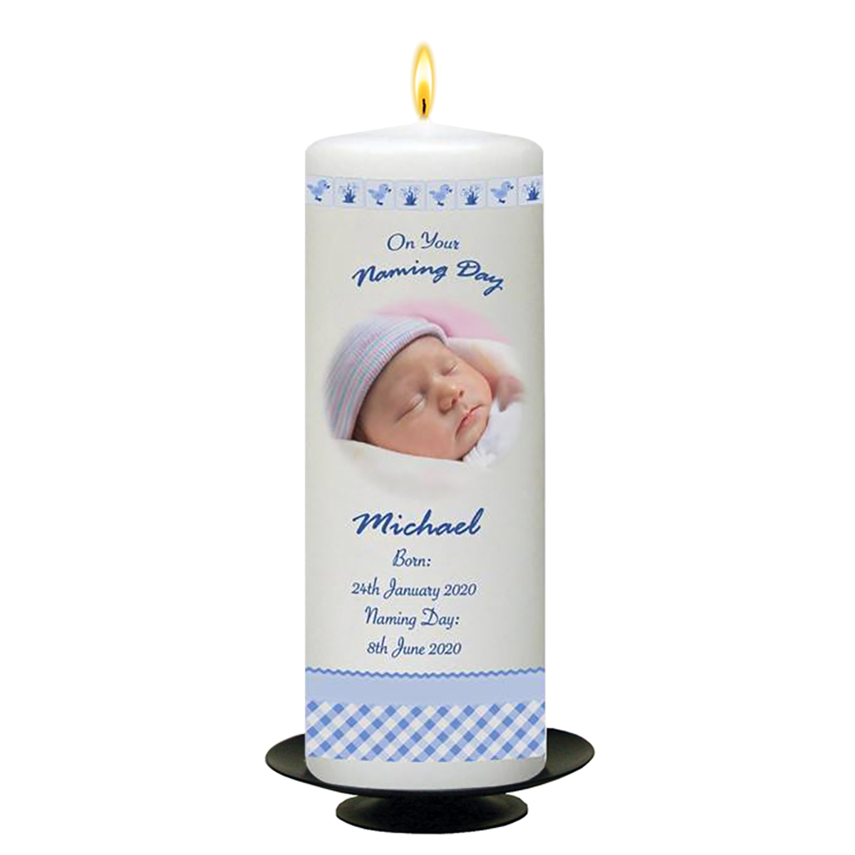 Customised Naming Day Candle Gift - Hush Teddy Blue with Photo