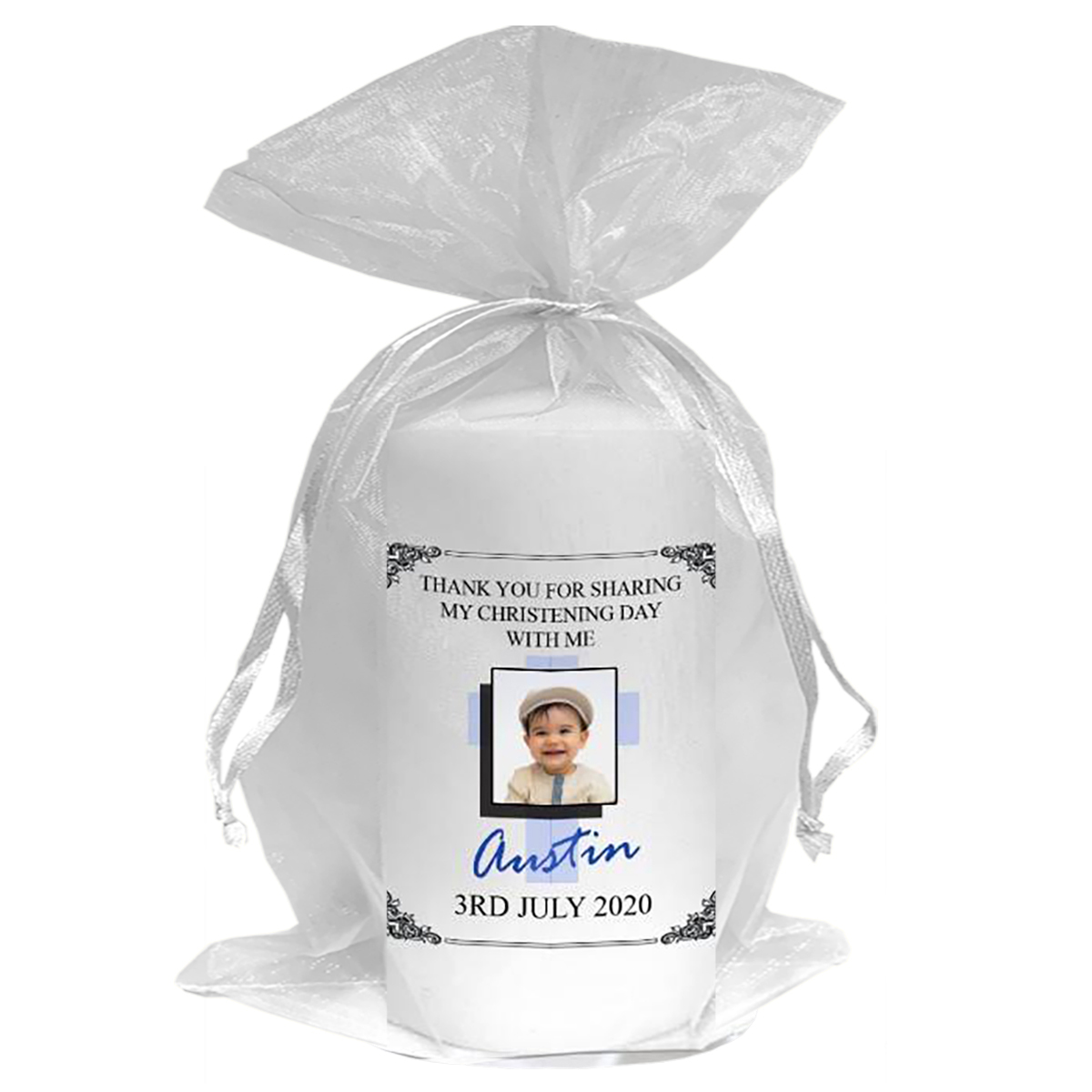 Thank you Christening Favour - Cross Shadow Blue with Photo