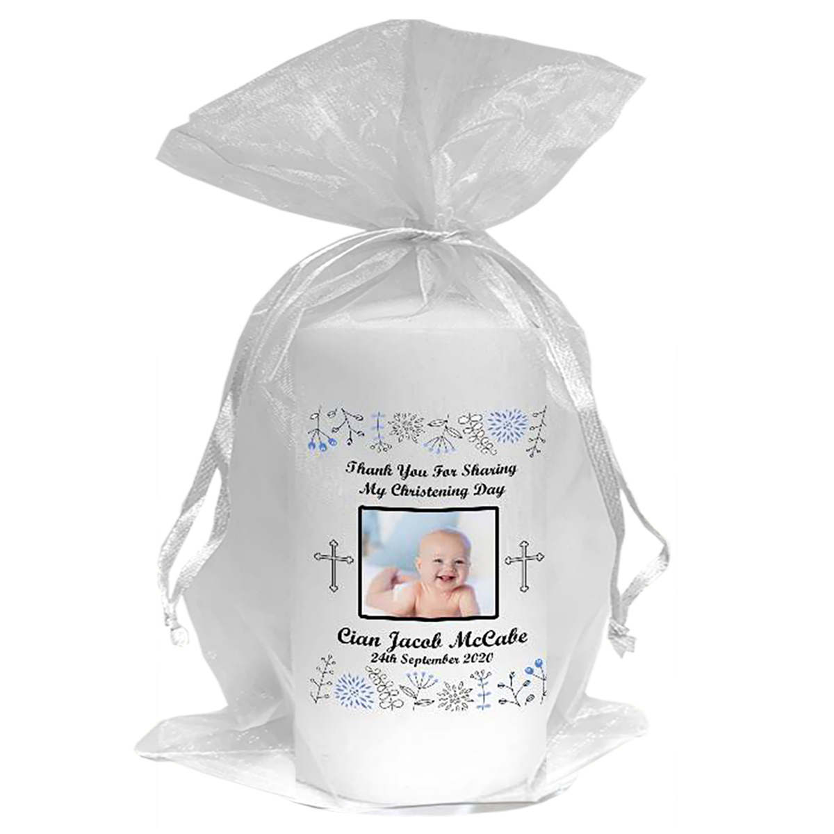 Thank you Christening Favour - Flower Art & Blue Crosses with Photo