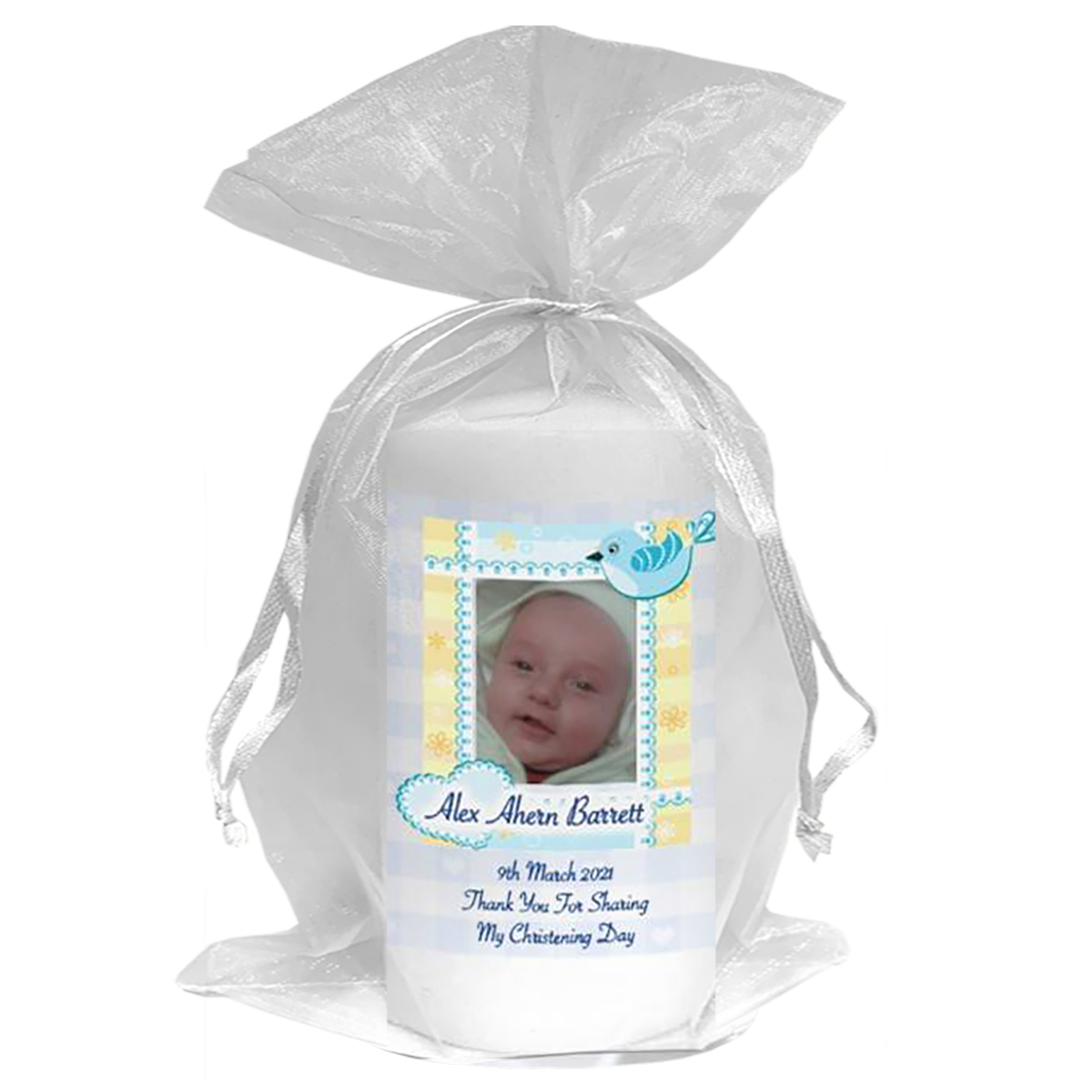Thank you Christening Favour - Heart & Bird with Photo Blue