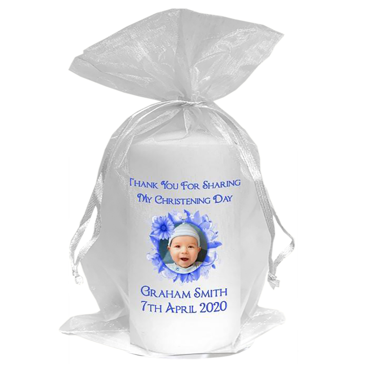 Thank you Christening Favour - Flower Ring Blue with Photo