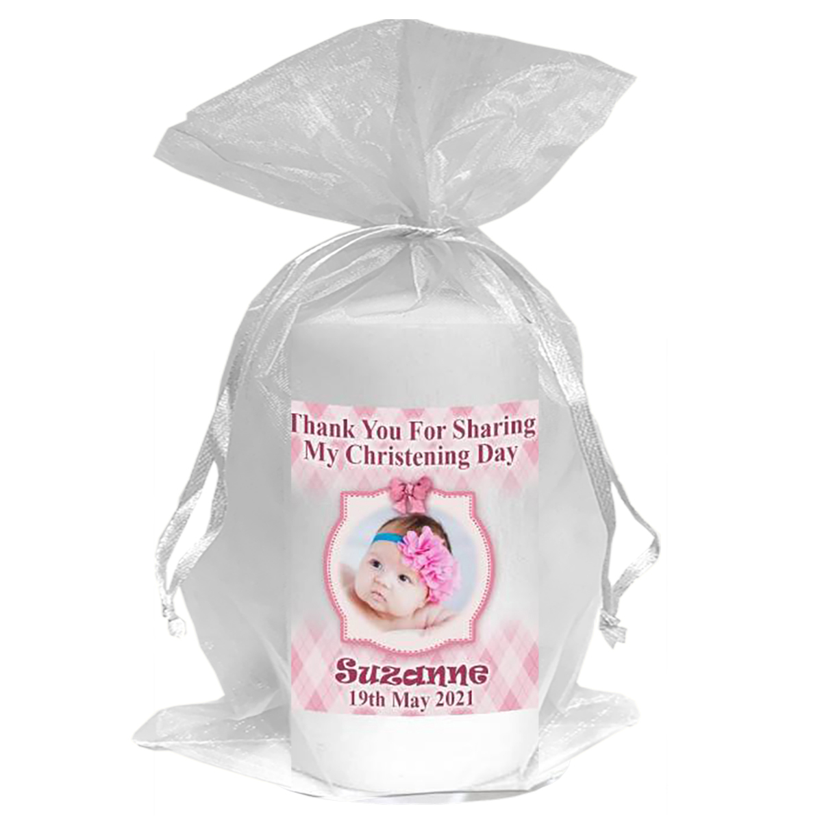 Thank you Christening Favour - Teddy & Chair Pink with Photo