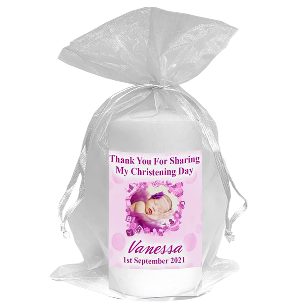 Thank you Christening Favour - Teddy & Toy Pink with Photo