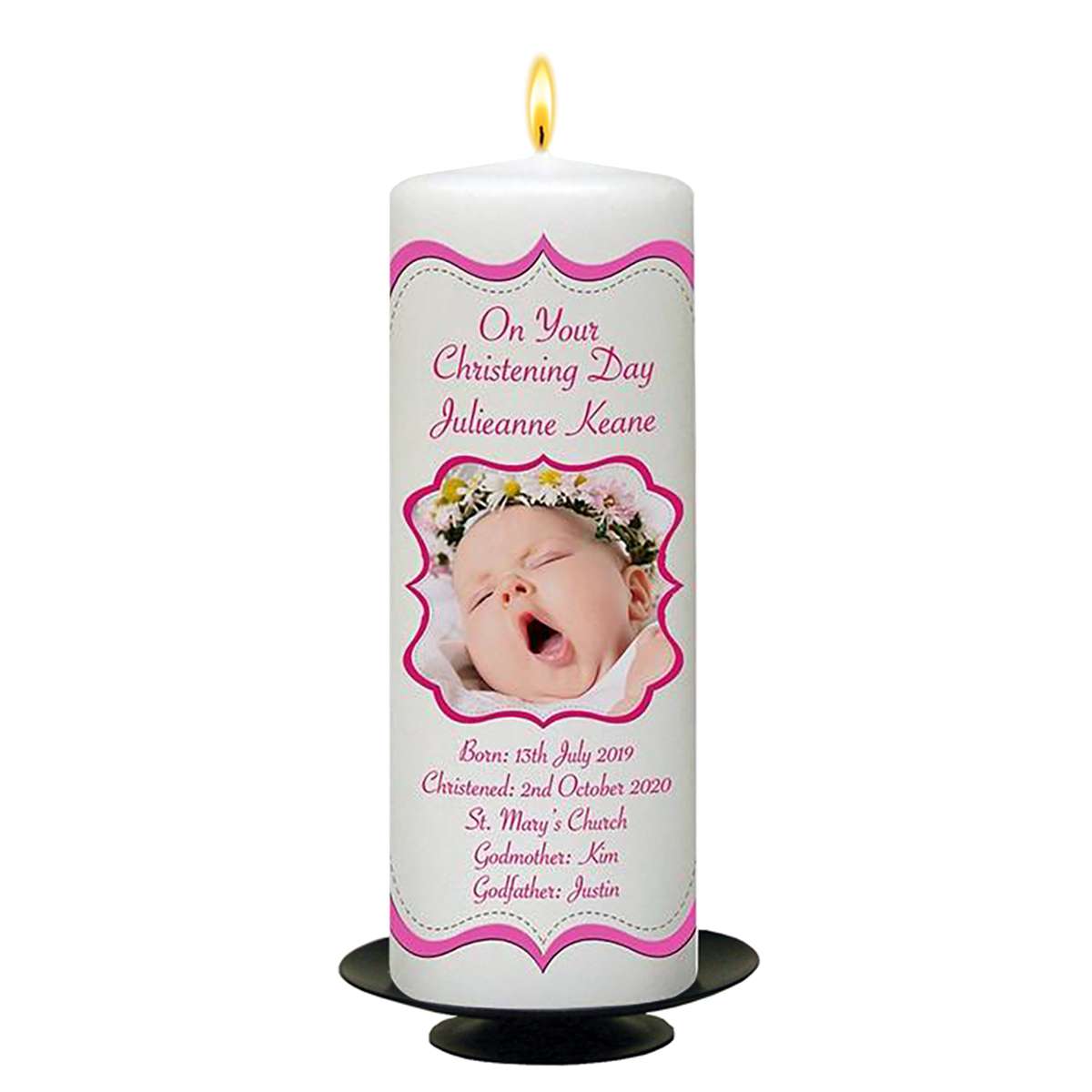 Customised Girls Christening Candle - Scroll Frame Pink with Photo