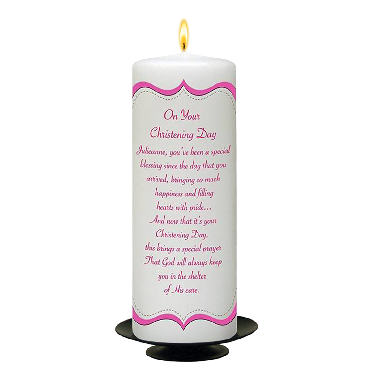 Customised Girls Christening Candle - Scroll Frame Pink with Photo