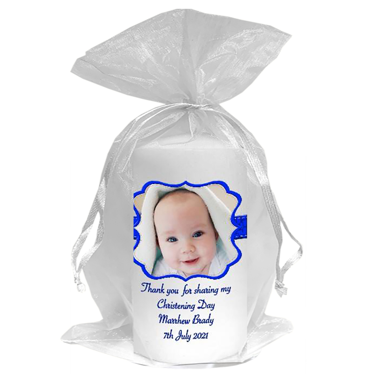 Thank you Christening Favour - Scroll Blue Frame with Photo