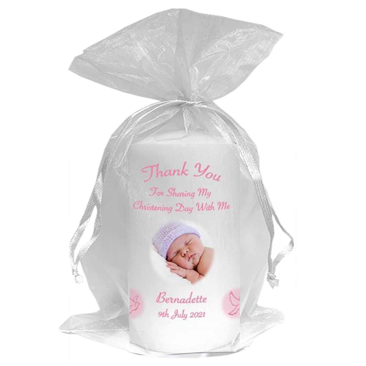 Thank you Christening Favour - Flying Dove Pink & with Photo