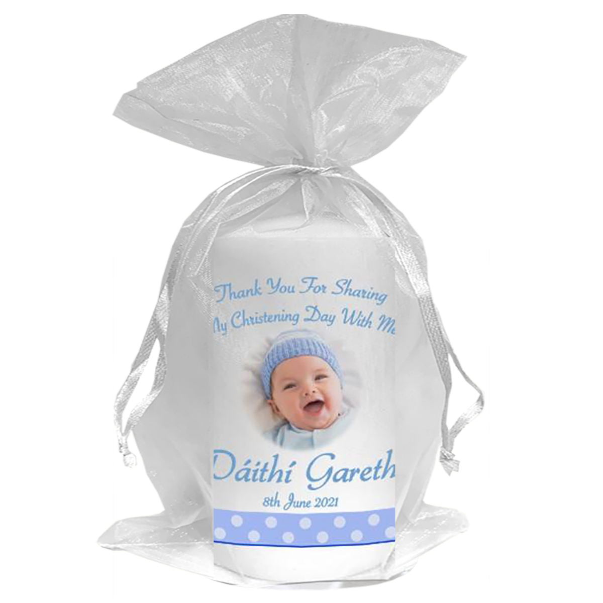 Customised Boys Christening Candle - Teddy & Bubbles Blue with Photo