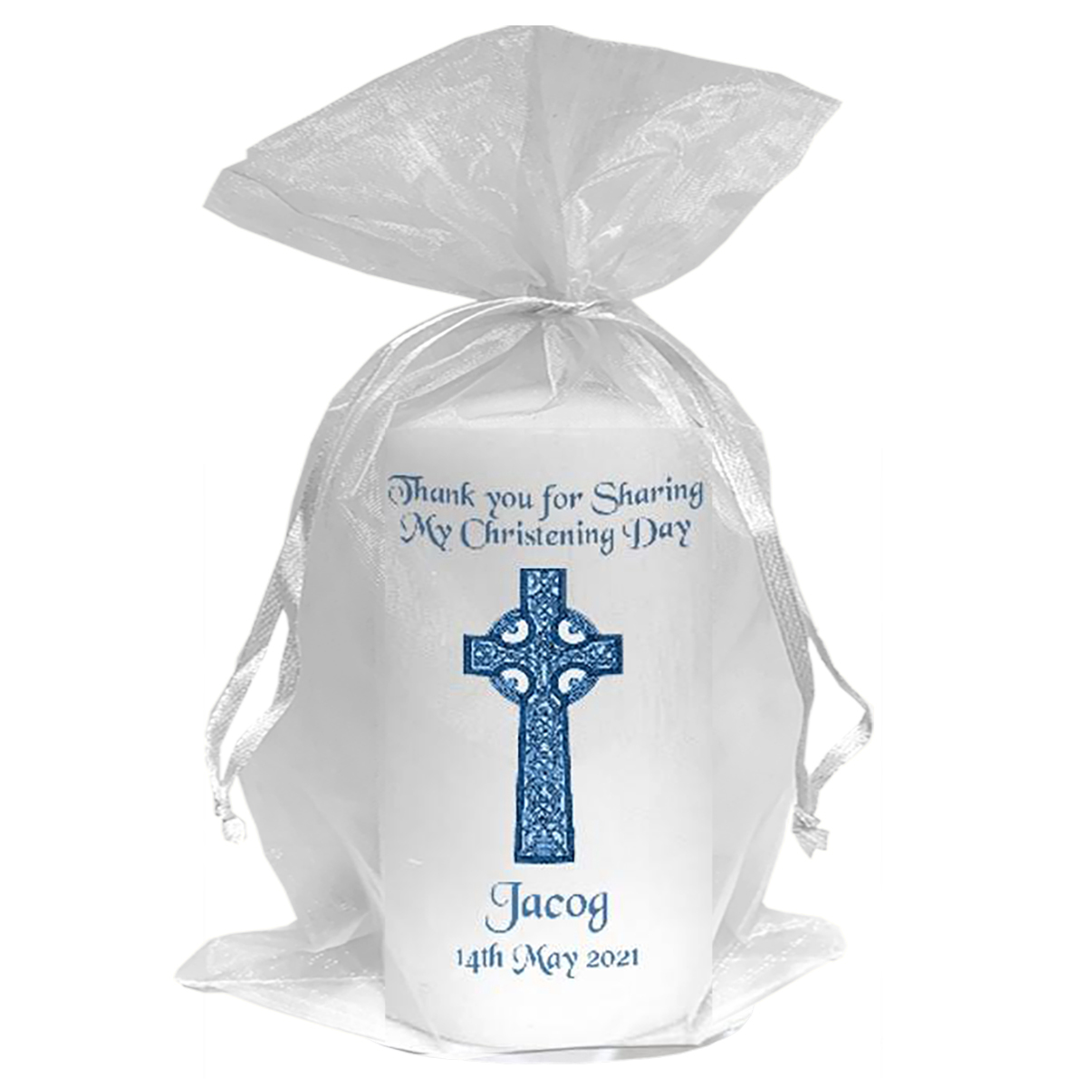 Customised Boys Christening Candle - Celtic Cross Blue