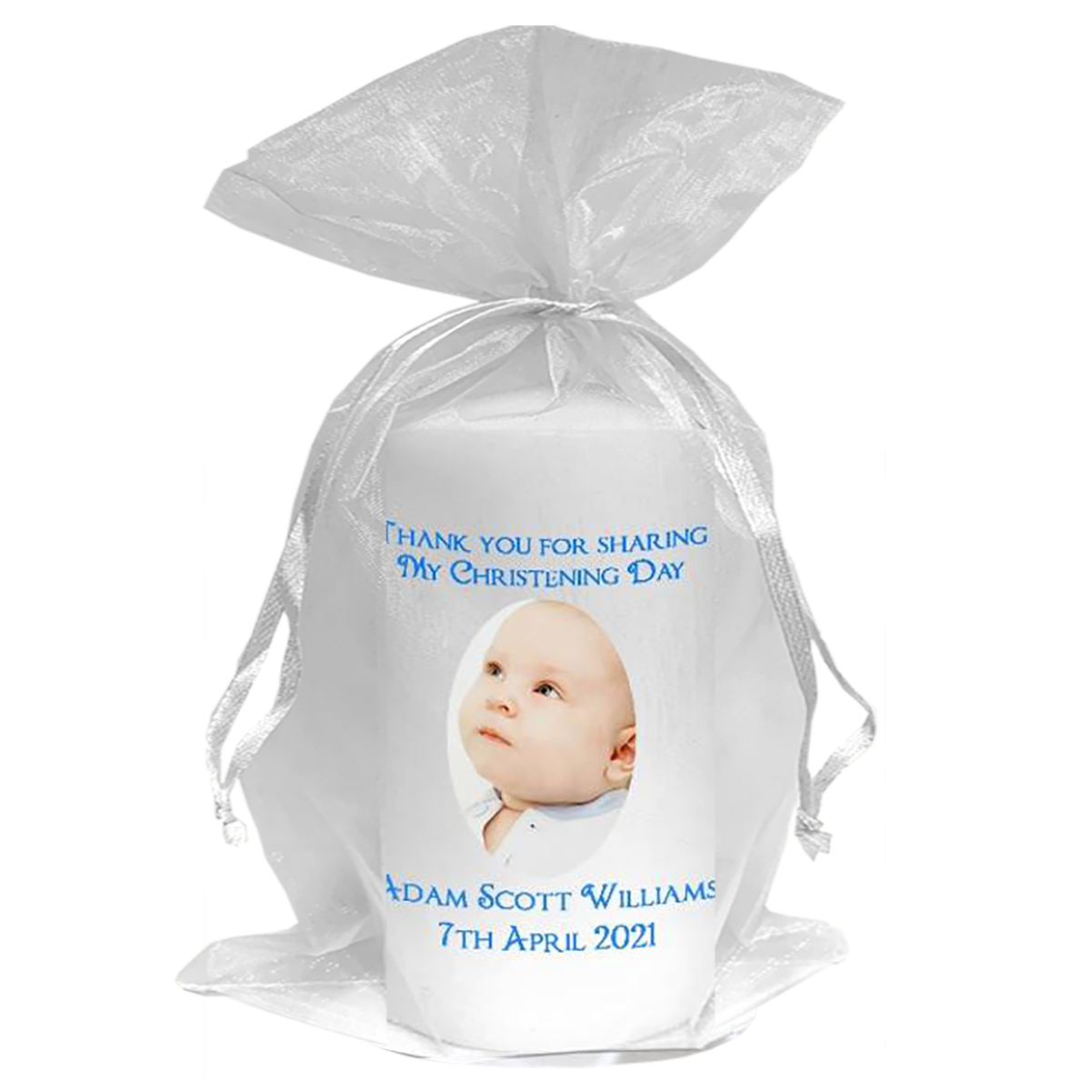 Customised Boys Christening Candle - Heart Blue Border with Photo