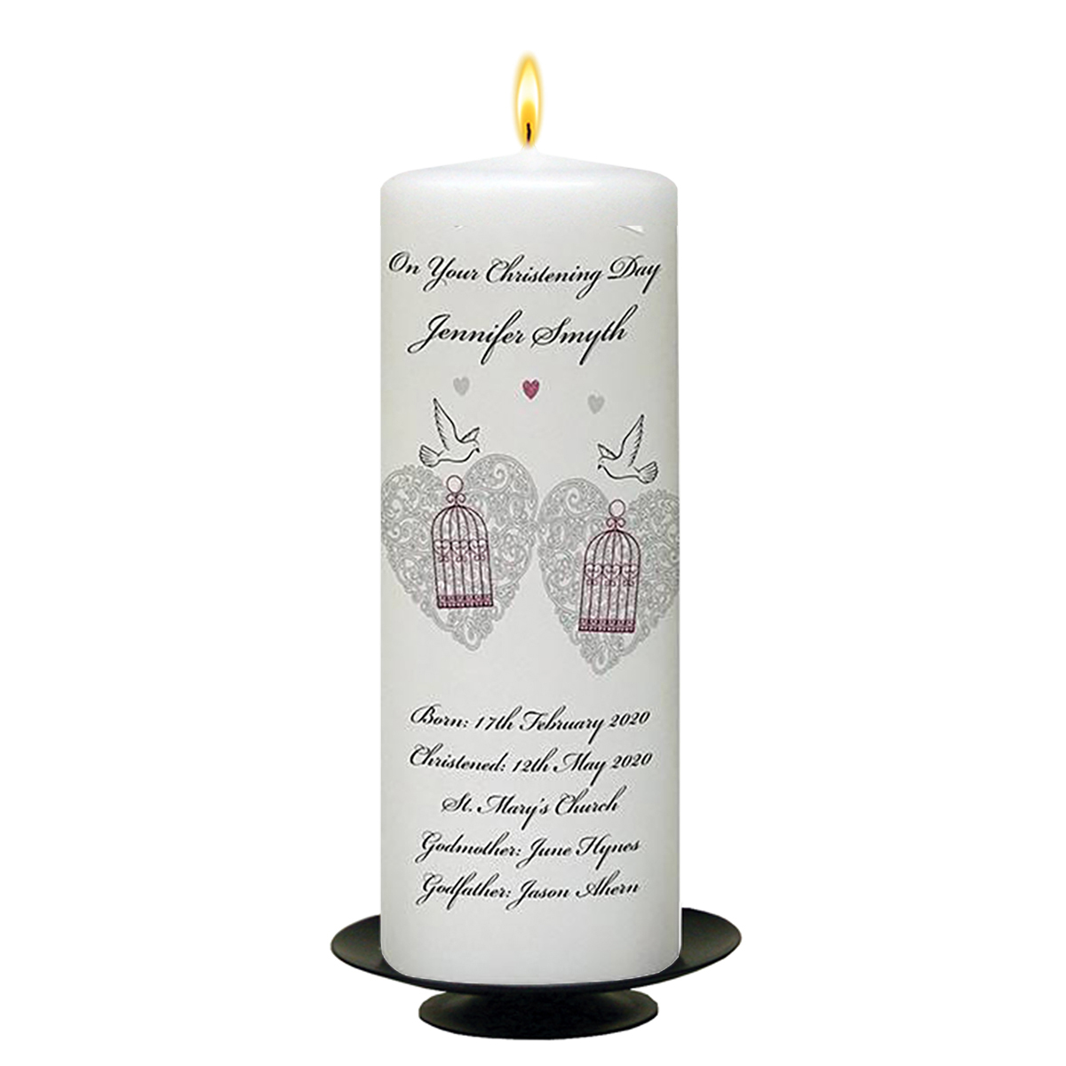 Customised Girls Christening Candle - Doves & Red Ornate Hearts