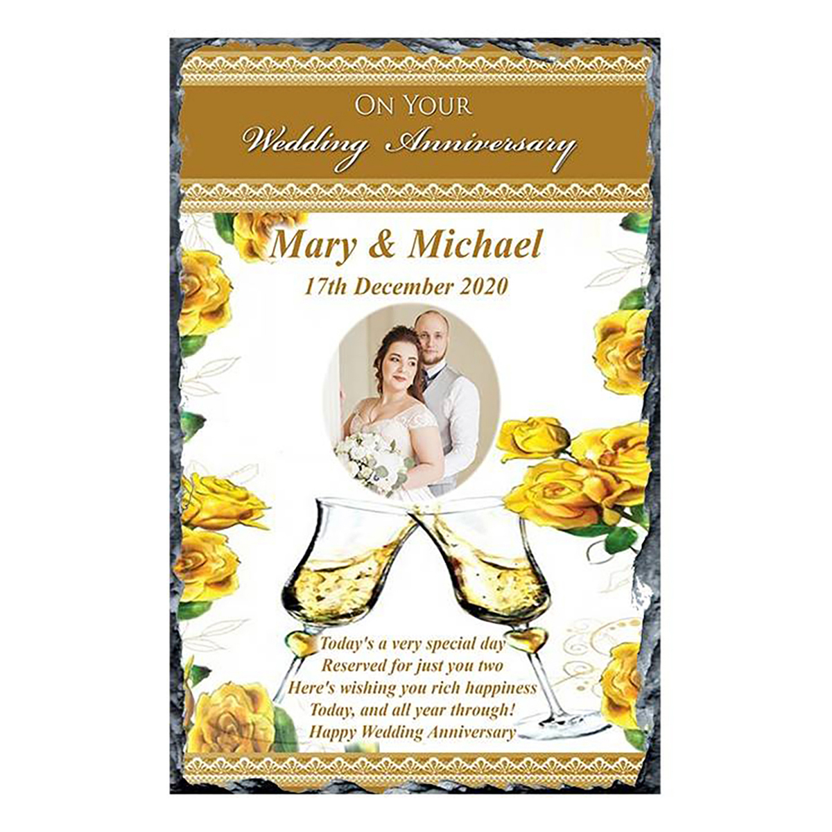 Customised Wedding Anniversary Candle Gift - Happy Anniversary - Glasses & Roses & Photo