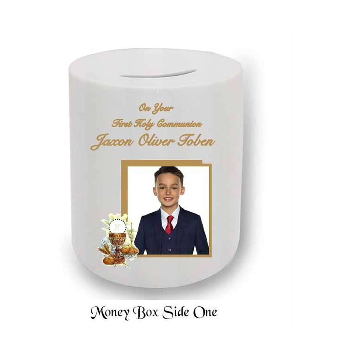 Customised Money Box Gift - Boy Chalice & Bible