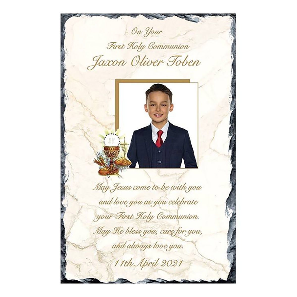 Customised 1st Holy Communion Slate - Chalice & Bible Boy with Photo