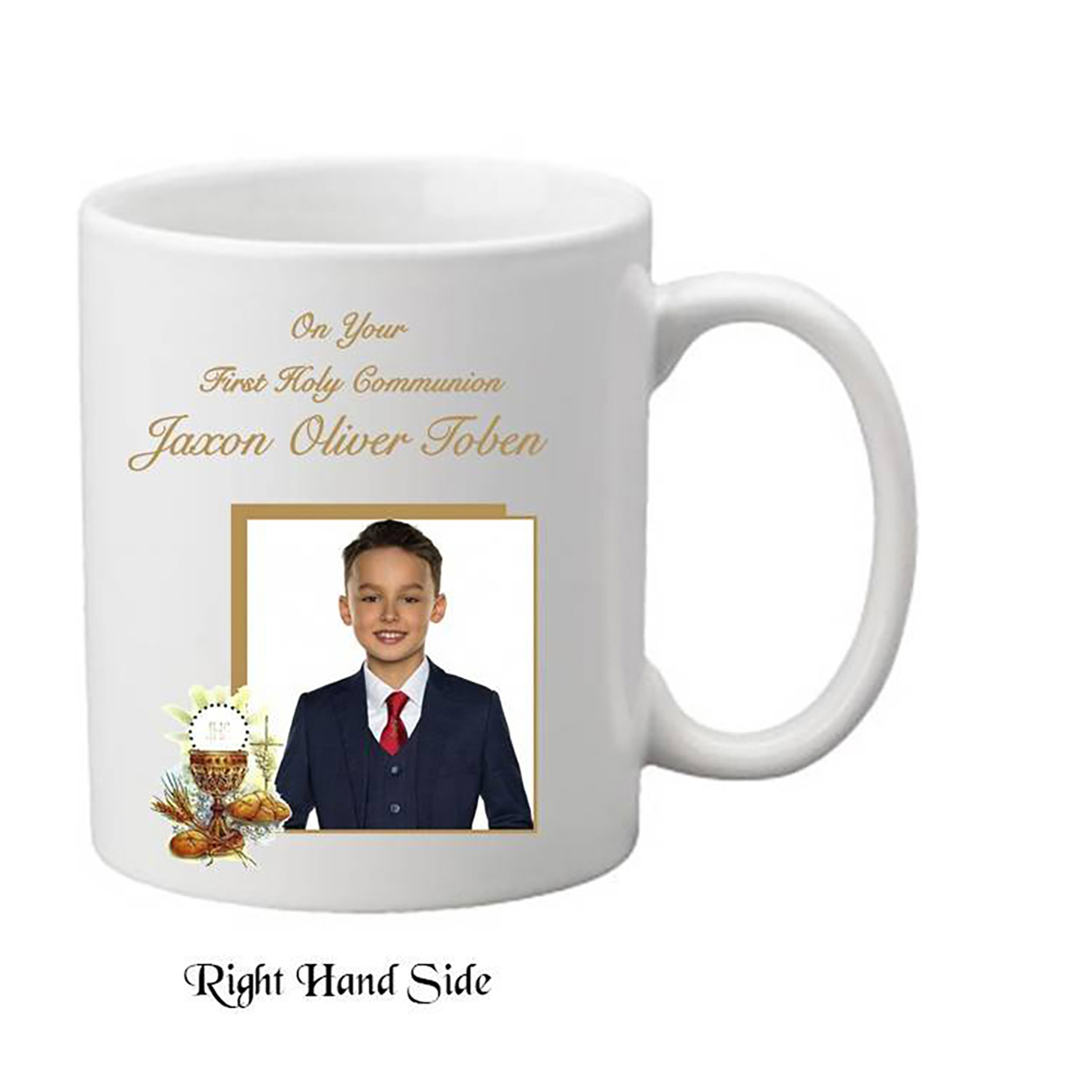 Customised 1st Holy Communion Mug Gift - Boy Chalice & Bible with Photo