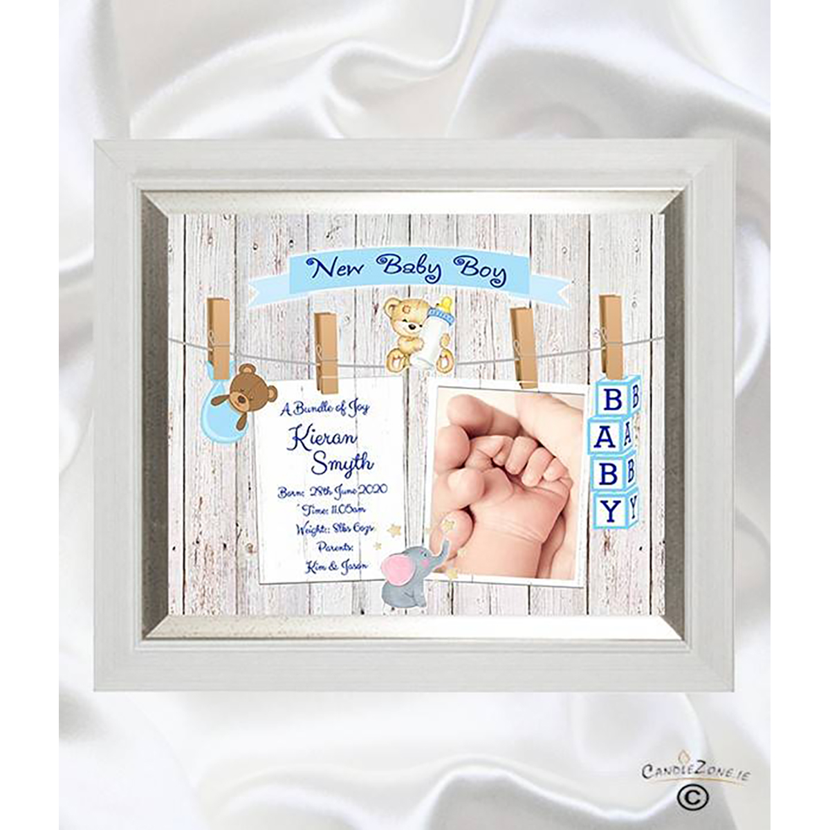 Customised New Baby Mug Gift - Boy & Hands Toys & Pegs
