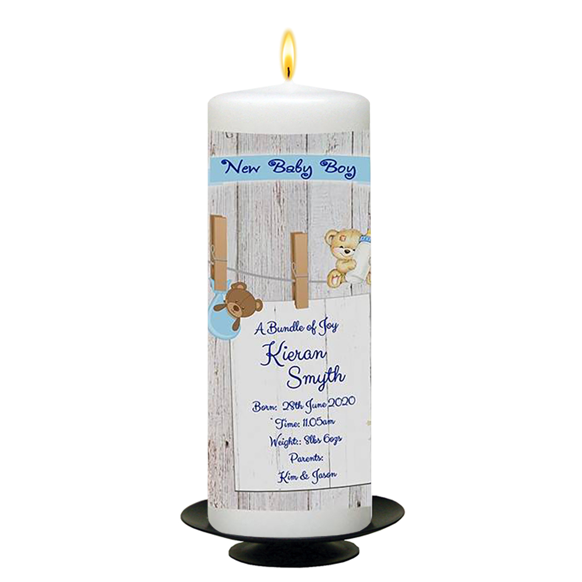 Customised New Baby Candle Gift - Boy Toys & Pegs with Photo