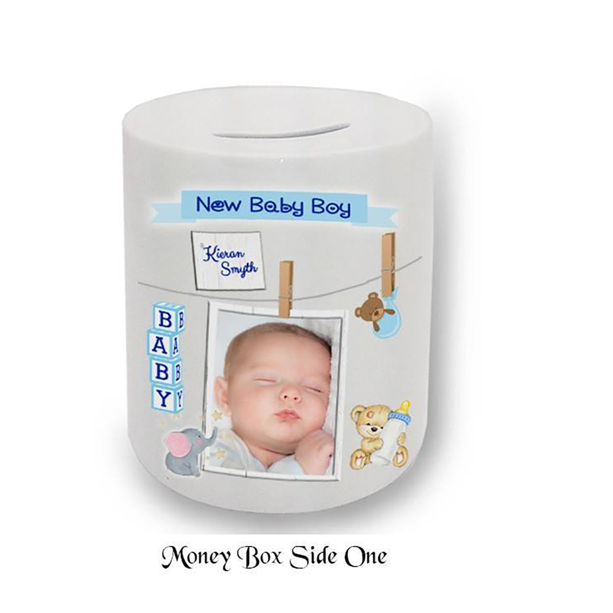 Customised New Baby Money Box Gift - Boy Toys & Pegs with Photo