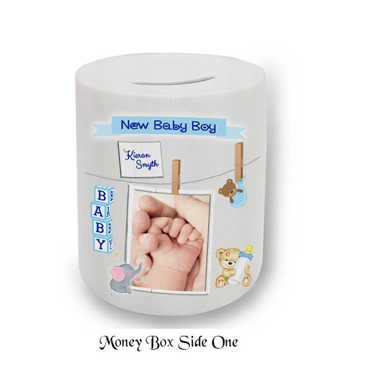 Customised New Baby Money Box Gift - Boy & Hands Toys & Pegs