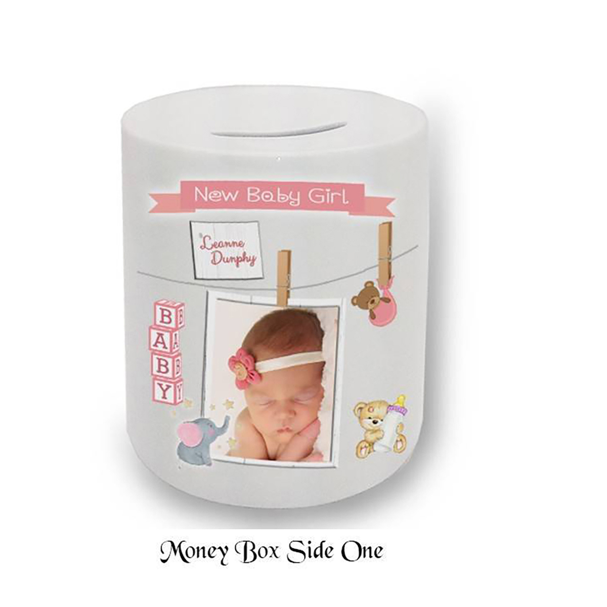 Customised New Baby Money Box Gift - Girl Toys & Pegs with Photo