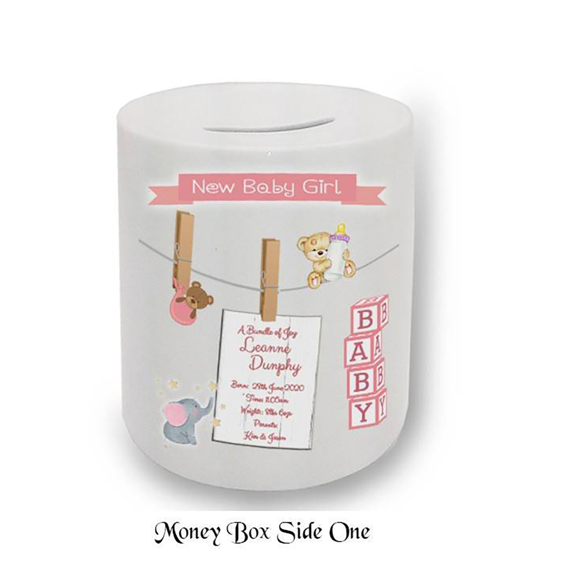 Customised New Baby Money Box Gift - Girl & Hands Toys & Pegs