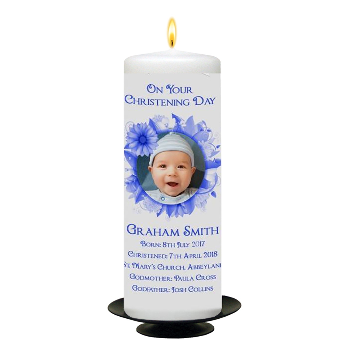 Customised Boys Christening Candle -Flower Blue Ring with Photo