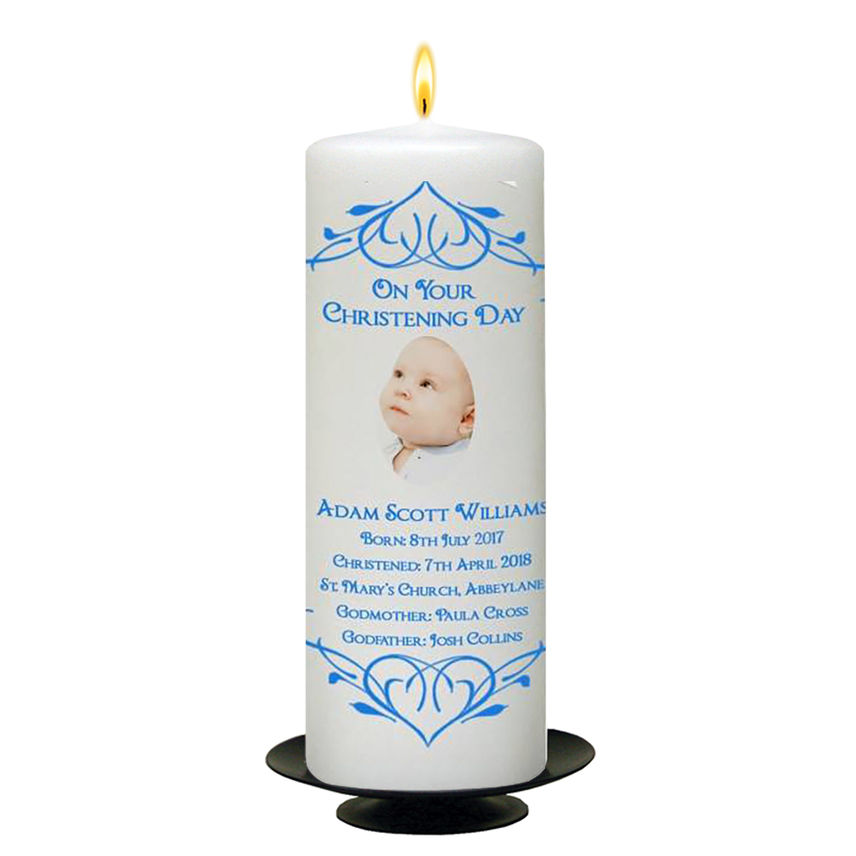 Customised Boys Christening Candle - Heart Blue Border with Photo